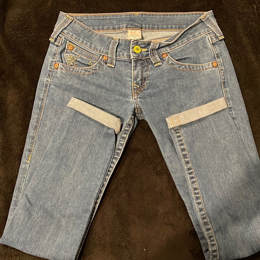 True Religion Jeans, size 29, yellow thread detail, skinny leg, good condition.